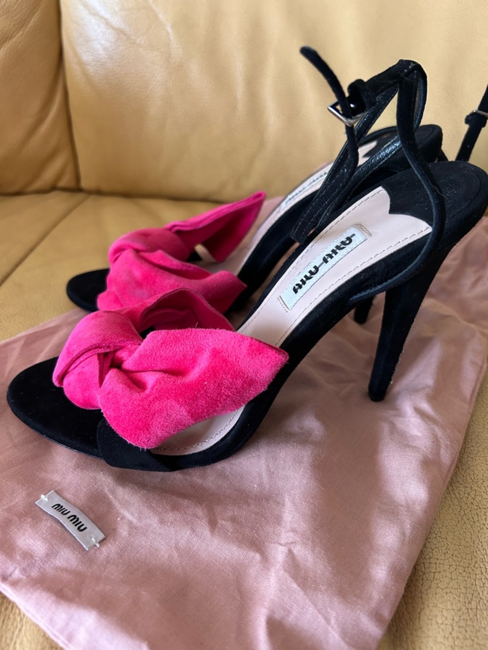 Miu Miu Black Suede Slingback Heels with Hot Pink Bow
